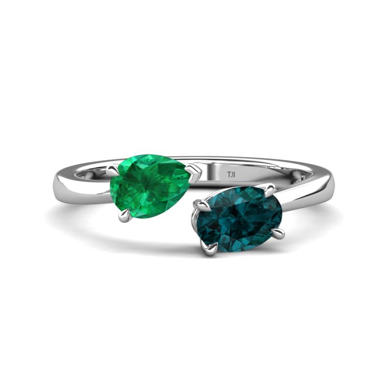Afra 1.80 ctw Emerald Pear Shape (7x5 mm) & London Blue Topaz Oval Shape (7x5 mm) Toi Et Moi Engagement Ring 