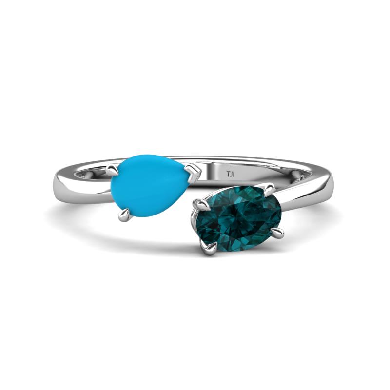 Afra 1.35 ctw Turquoise Pear Shape (7x5 mm) & London Blue Topaz Oval Shape (7x5 mm) Toi Et Moi Engagement Ring 