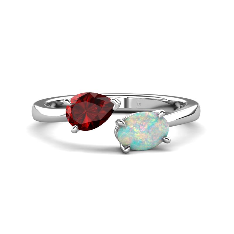 Afra 1.40 ctw Red Garnet Pear Shape (7x5 mm) & Opal Oval Shape (7x5 mm) Toi Et Moi Engagement Ring 