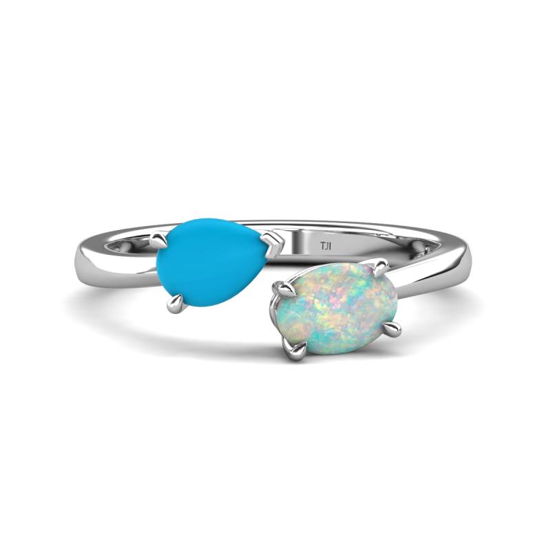 Afra 0.85 ctw Turquoise Pear Shape (7x5 mm) & Opal Oval Shape (7x5 mm) Toi Et Moi Engagement Ring 