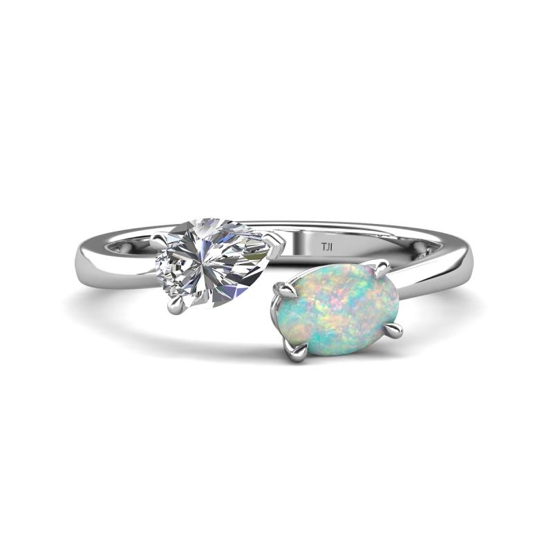 Afra 1.40 ctw White Sapphire Pear Shape (7x5 mm) & Opal Oval Shape (7x5 mm) Toi Et Moi Engagement Ring 