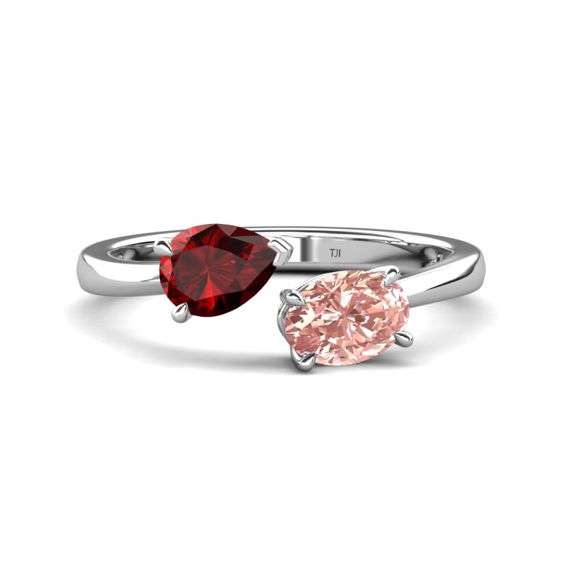 Afra 1.65 ctw Red Garnet Pear Shape (7x5 mm) & Morganite Oval Shape (7x5 mm) Toi Et Moi Engagement Ring 