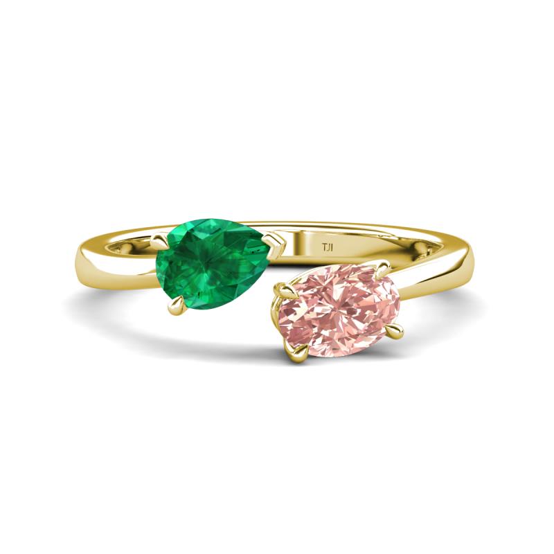Afra 1.55 ctw Emerald Pear Shape (7x5 mm) & Morganite Oval Shape (7x5 mm) Toi Et Moi Engagement Ring 