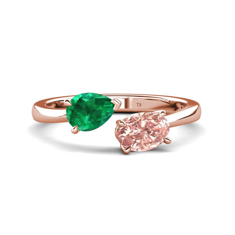 Afra 1.55 ctw Emerald Pear Shape (7x5 mm) & Morganite Oval Shape (7x5 mm) Toi Et Moi Engagement Ring 