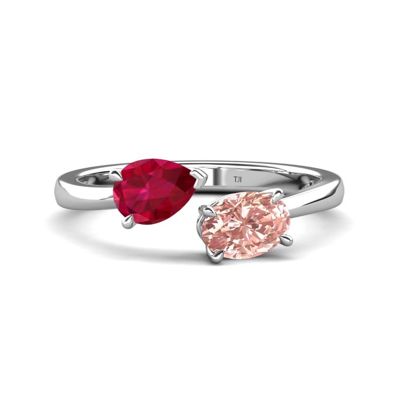 Afra 1.70 ctw Ruby Pear Shape (7x5 mm) & Morganite Oval Shape (7x5 mm) Toi Et Moi Engagement Ring 