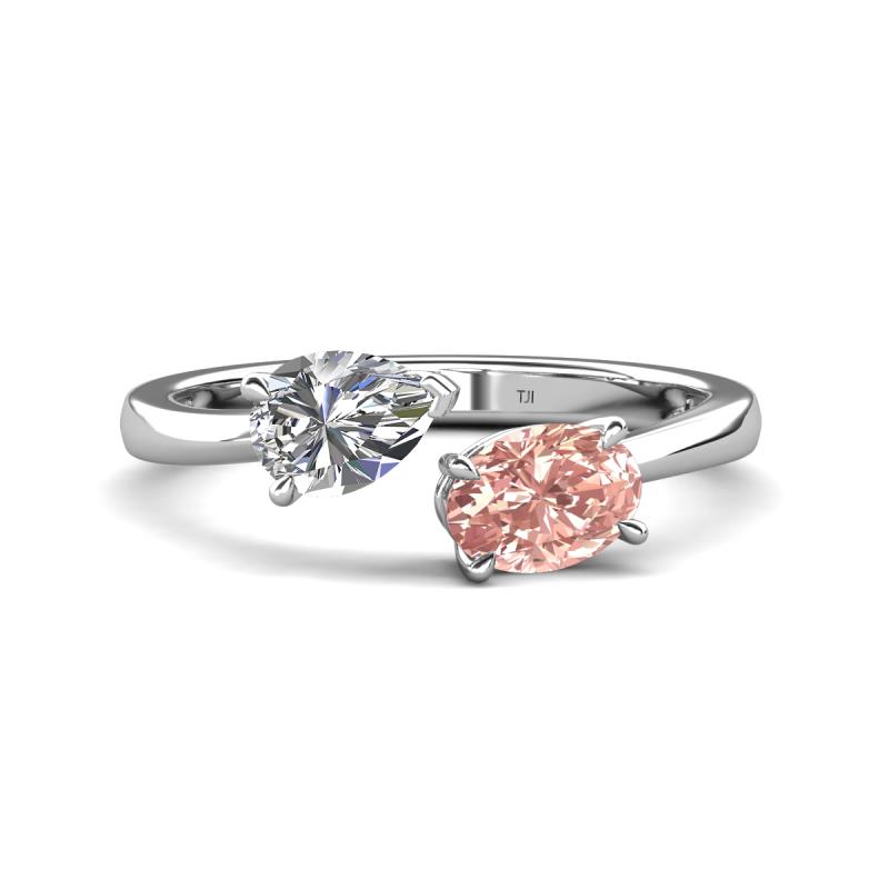 Afra 1.65 ctw White Sapphire Pear Shape (7x5 mm) & Morganite Oval Shape (7x5 mm) Toi Et Moi Engagement Ring 