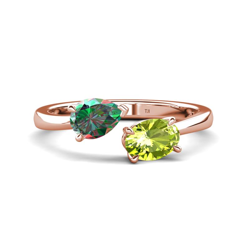 Afra 1.76 ctw Lab Created Alexandrite Pear Shape (7x5 mm) & Peridot Oval Shape (7x5 mm) Toi Et Moi Engagement Ring 