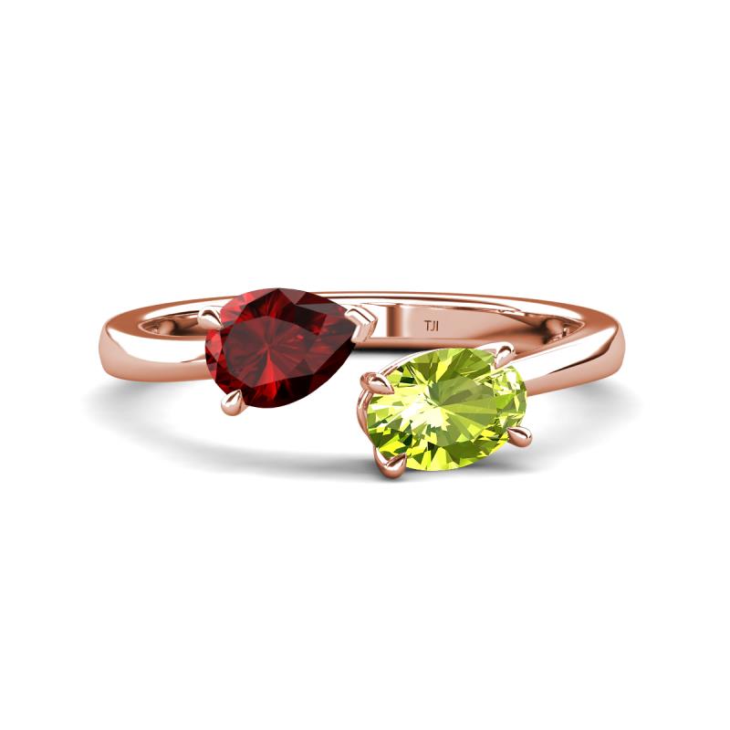 Afra 1.80 ctw Red Garnet Pear Shape (7x5 mm) & Peridot Oval Shape (7x5 mm) Toi Et Moi Engagement Ring 