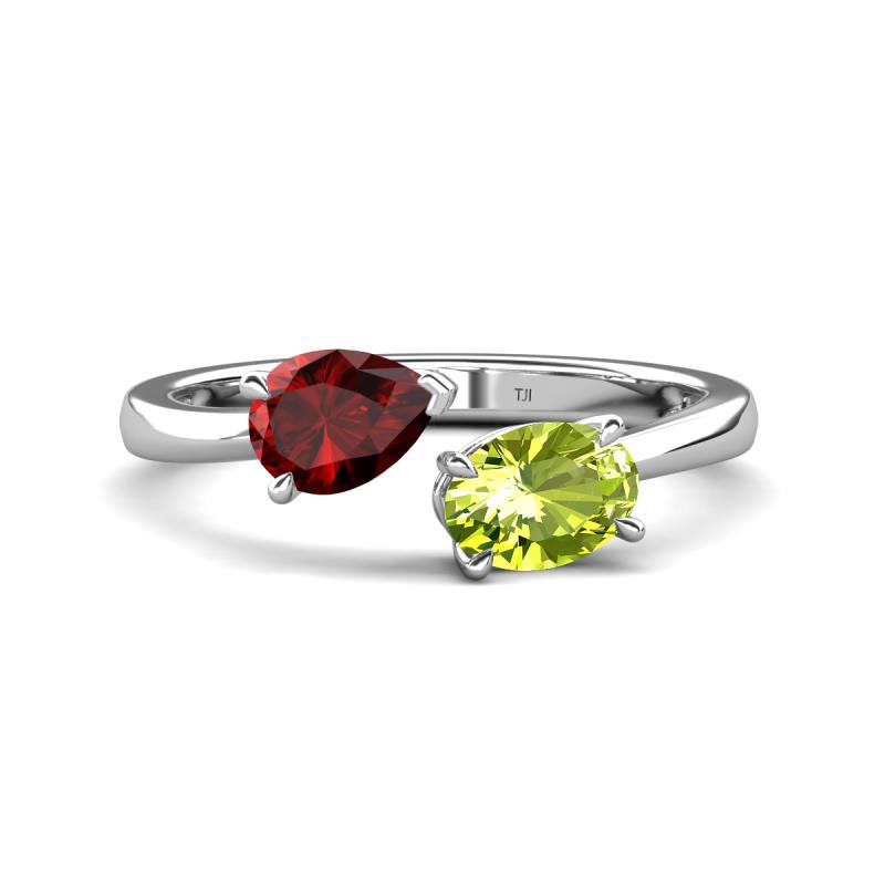 Afra 1.80 ctw Red Garnet Pear Shape (7x5 mm) & Peridot Oval Shape (7x5 mm) Toi Et Moi Engagement Ring 