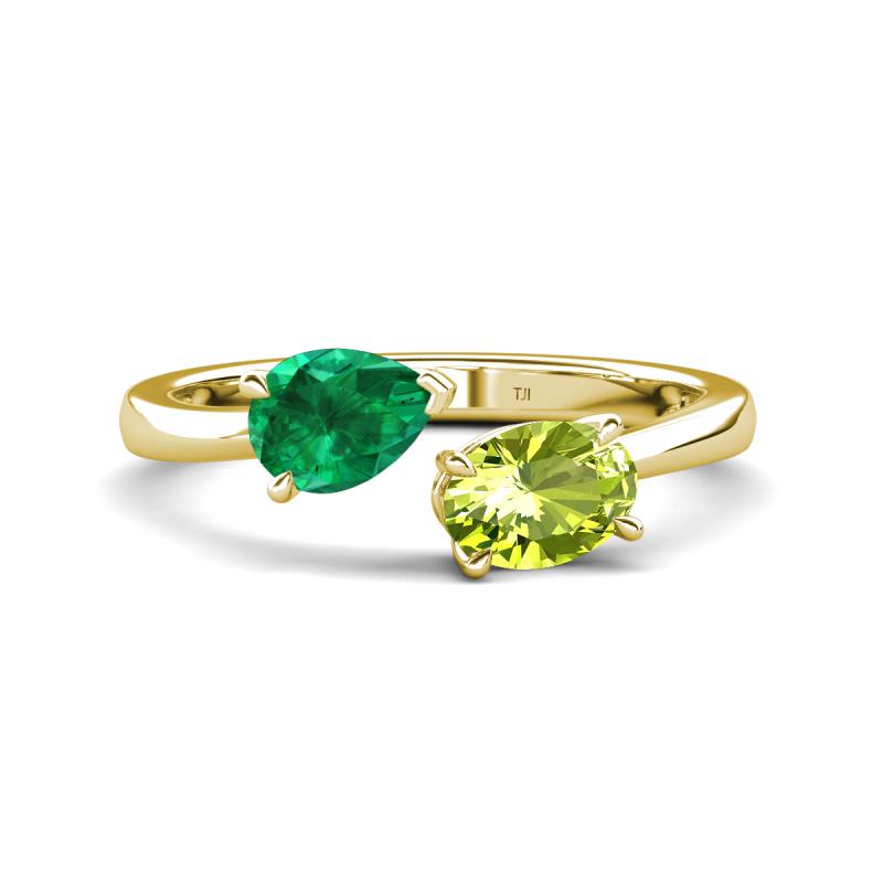 Afra 1.70 ctw Emerald Pear Shape (7x5 mm) & Peridot Oval Shape (7x5 mm) Toi Et Moi Engagement Ring 