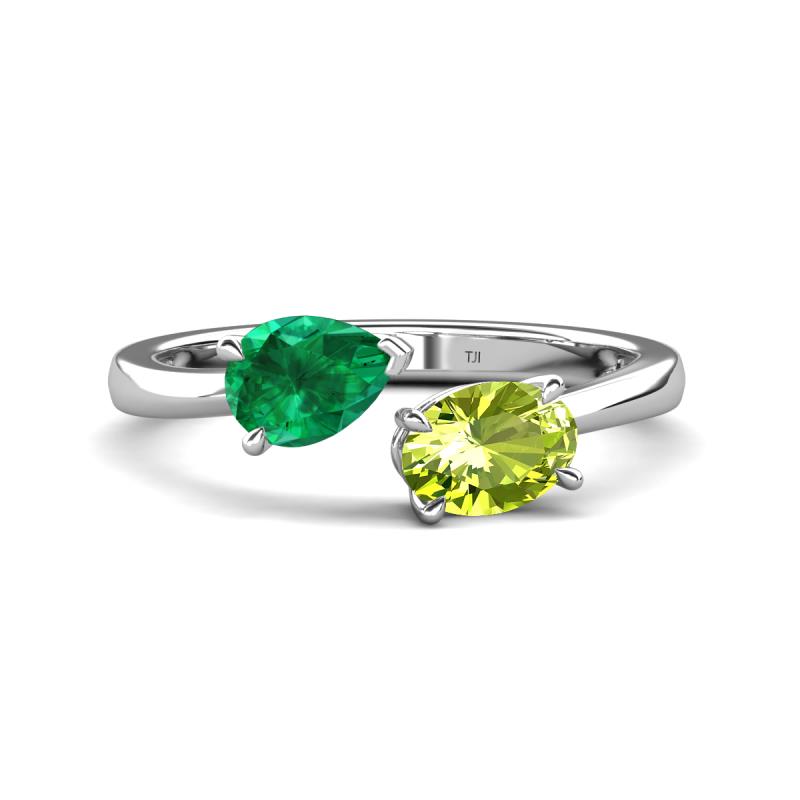 Afra 1.70 ctw Emerald Pear Shape (7x5 mm) & Peridot Oval Shape (7x5 mm) Toi Et Moi Engagement Ring 