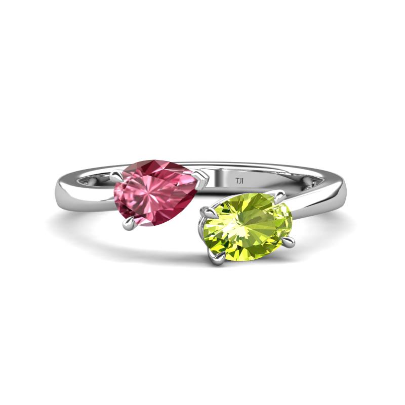 Afra 1.60 ctw Pink Tourmaline Pear Shape (7x5 mm) & Peridot Oval Shape (7x5 mm) Toi Et Moi Engagement Ring 