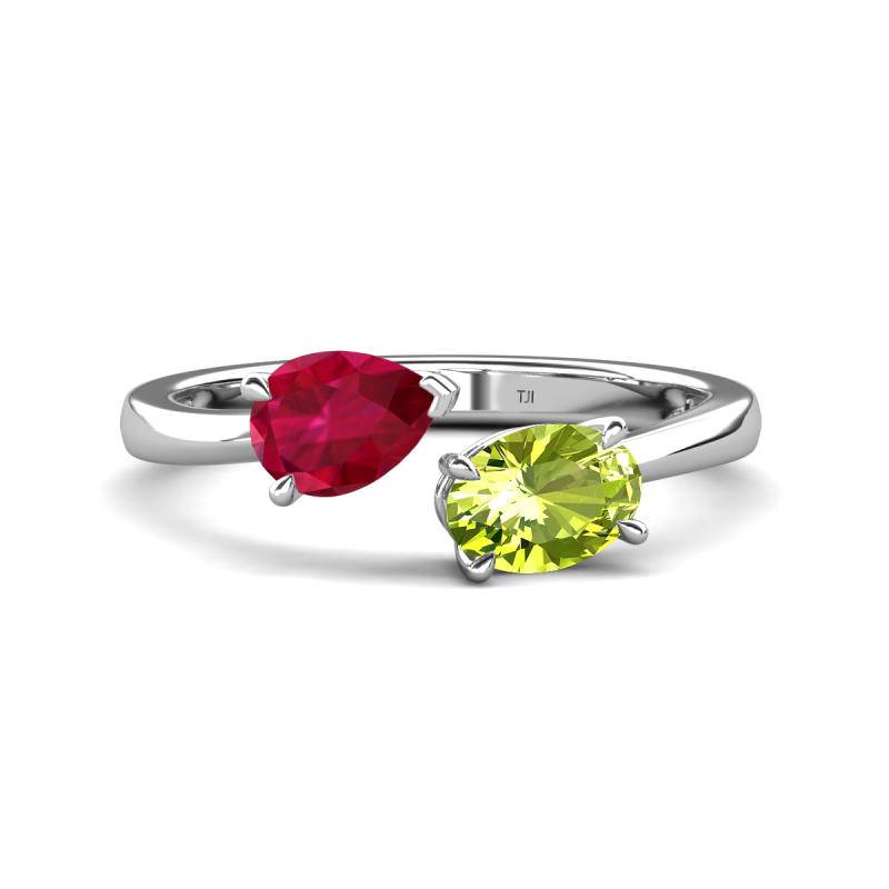 Afra 1.85 ctw Ruby Pear Shape (7x5 mm) & Peridot Oval Shape (7x5 mm) Toi Et Moi Engagement Ring 