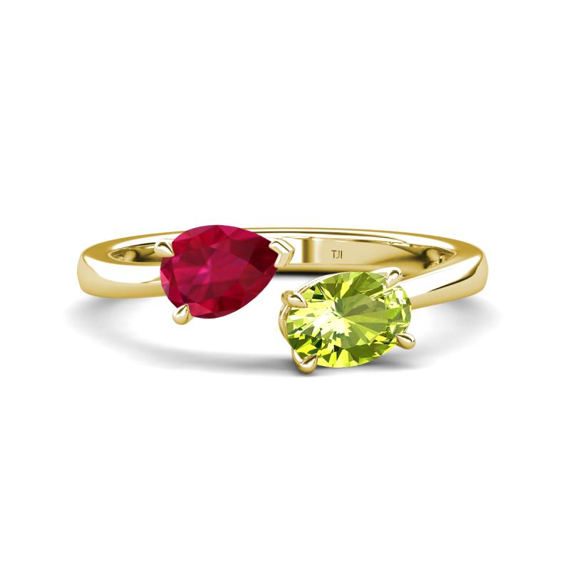 Afra 1.85 ctw Ruby Pear Shape (7x5 mm) & Peridot Oval Shape (7x5 mm) Toi Et Moi Engagement Ring 