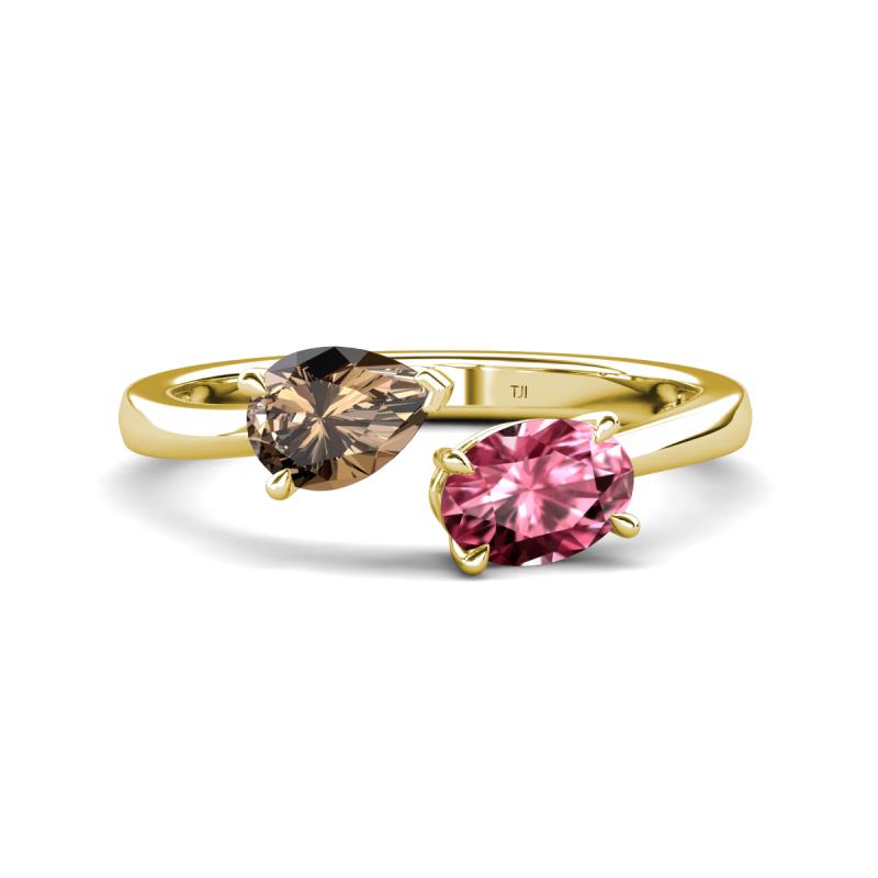 Afra 1.50 ctw Smoky Quartz Pear Shape (7x5 mm) & Pink Tourmaline Oval Shape (7x5 mm) Toi Et Moi Engagement Ring 