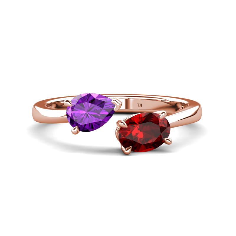 Afra 1.60 ctw Amethyst Pear Shape (7x5 mm) & Red Garnet Oval Shape (7x5 mm) Toi Et Moi Engagement Ring 