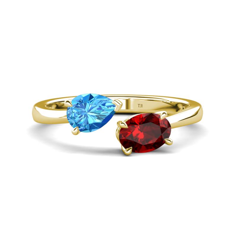 Afra 1.80 ctw Blue Topaz Pear Shape (7x5 mm) & Red Garnet Oval Shape (7x5 mm) Toi Et Moi Engagement Ring 