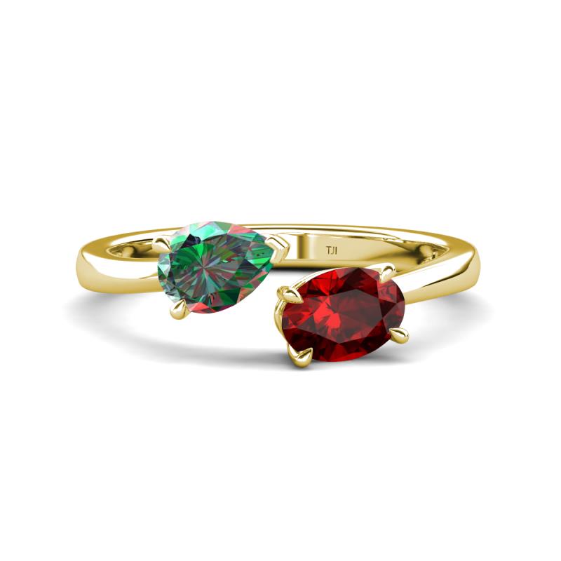 Afra 1.81 ctw Lab Created Alexandrite Pear Shape (7x5 mm) & Red Garnet Oval Shape (7x5 mm) Toi Et Moi Engagement Ring 