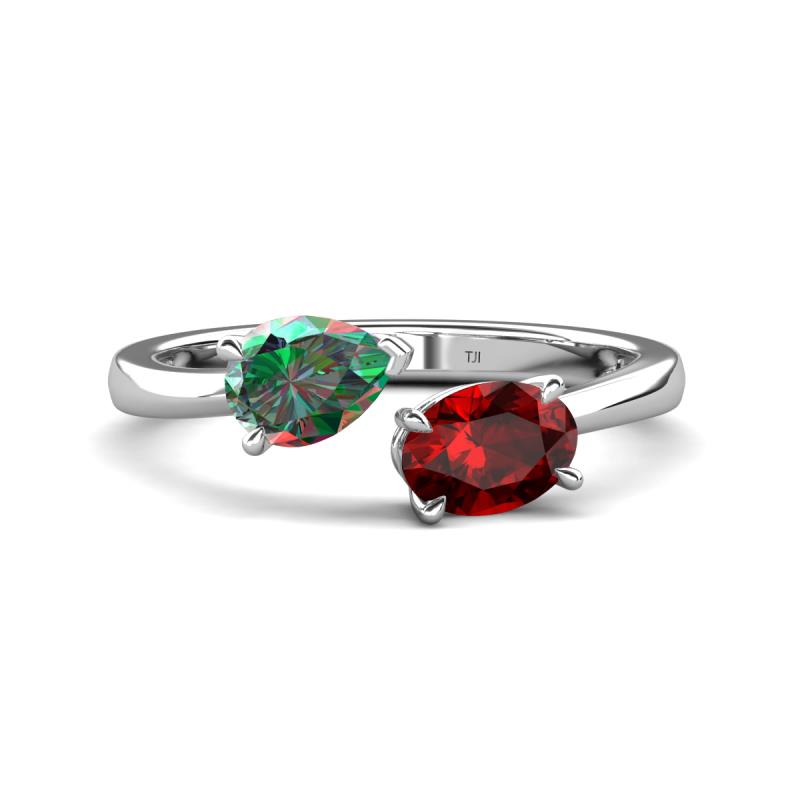 Afra 1.81 ctw Lab Created Alexandrite Pear Shape (7x5 mm) & Red Garnet Oval Shape (7x5 mm) Toi Et Moi Engagement Ring 