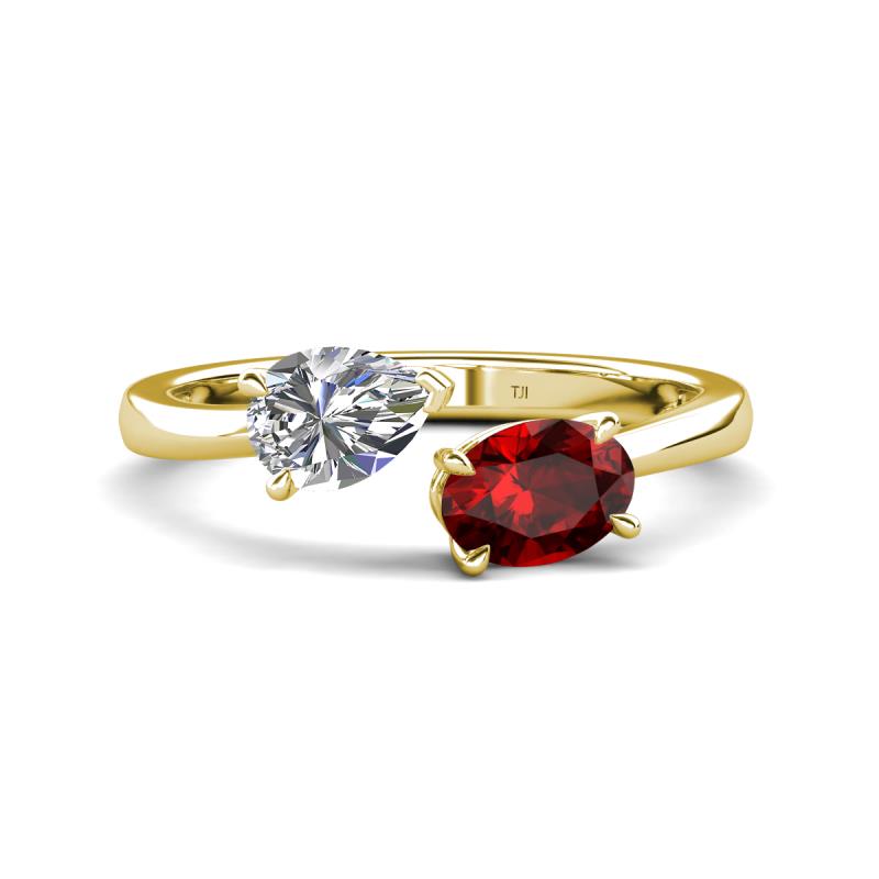 Afra 1.80 ctw Moissanite Pear Shape (7x5 mm) & Red Garnet Oval Shape (7x5 mm) Toi Et Moi Engagement Ring 
