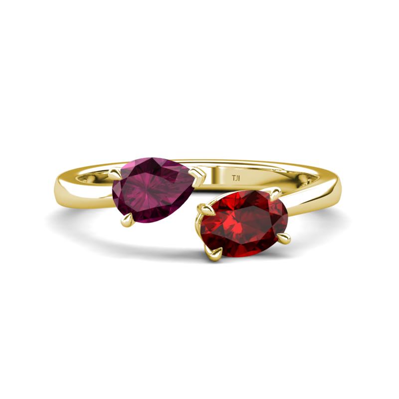 Afra 1.85 ctw Rhodolite Garnet Pear Shape (7x5 mm) & Red Garnet Oval Shape (7x5 mm) Toi Et Moi Engagement Ring 