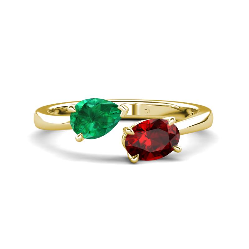 Afra 1.75 ctw Emerald Pear Shape (7x5 mm) & Red Garnet Oval Shape (7x5 mm) Toi Et Moi Engagement Ring 