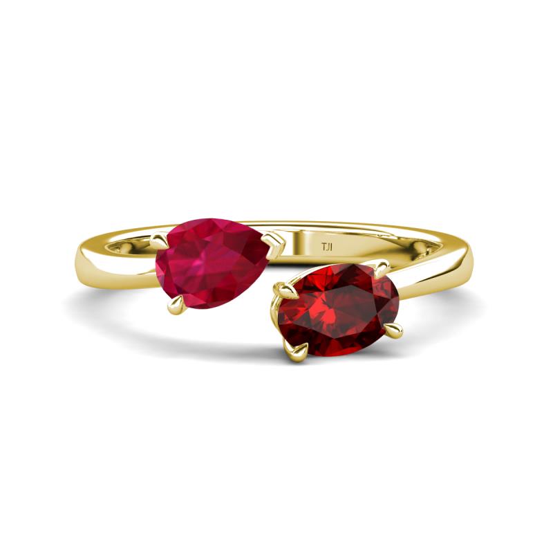 Afra 1.90 ctw Ruby Pear Shape (7x5 mm) & Red Garnet Oval Shape (7x5 mm) Toi Et Moi Engagement Ring 