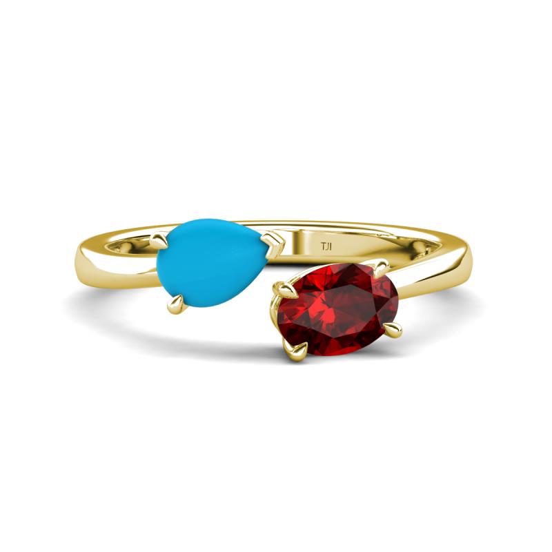 Afra 1.30 ctw Turquoise Pear Shape (7x5 mm) & Red Garnet Oval Shape (7x5 mm) Toi Et Moi Engagement Ring 