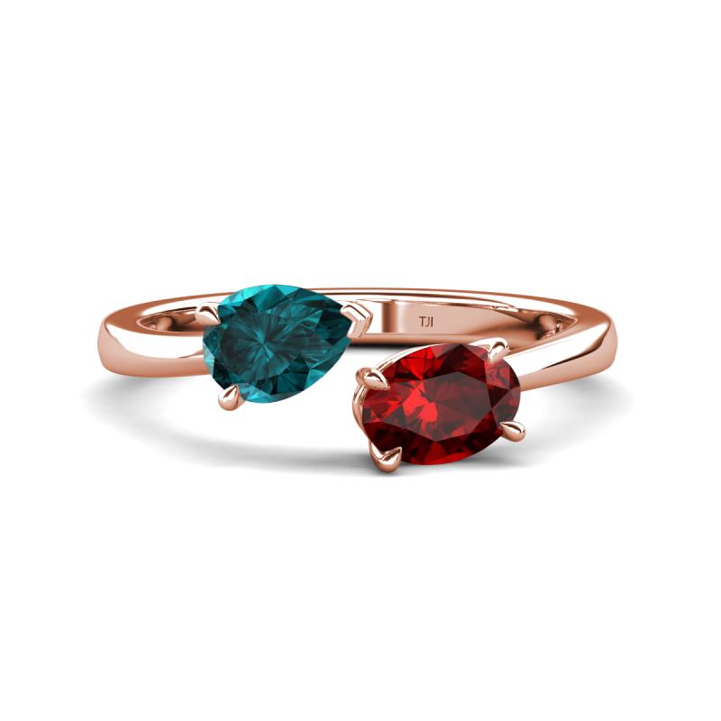 Afra 1.80 ctw London Blue Topaz Pear Shape (7x5 mm) & Red Garnet Oval Shape (7x5 mm) Toi Et Moi Engagement Ring 