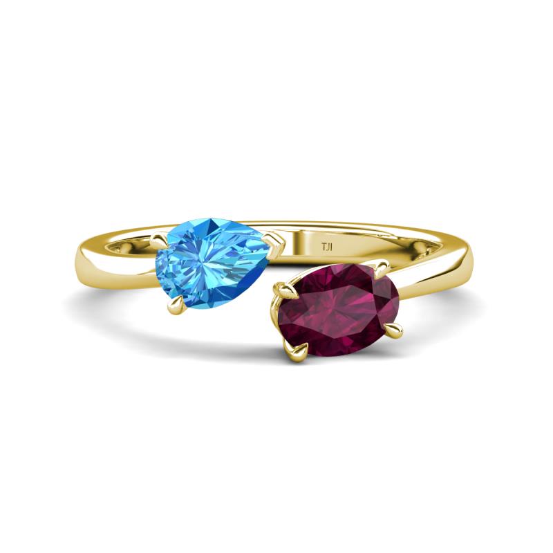 Afra 1.85 ctw Blue Topaz Pear Shape (7x5 mm) & Rhodolite Garnet Oval Shape (7x5 mm) Toi Et Moi Engagement Ring 