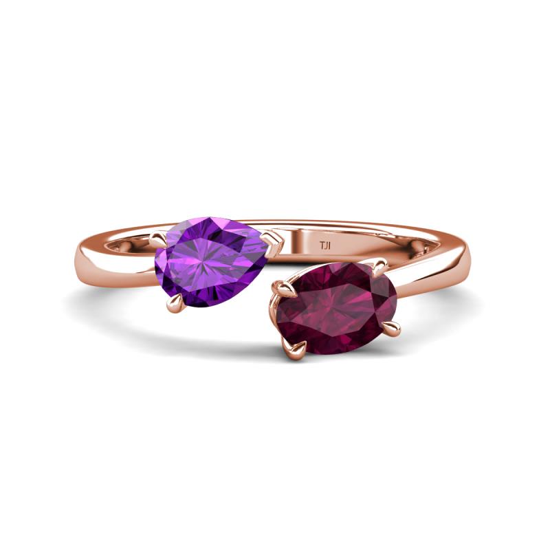 Afra 1.65 ctw Amethyst Pear Shape (7x5 mm) & Rhodolite Garnet Oval Shape (7x5 mm) Toi Et Moi Engagement Ring 