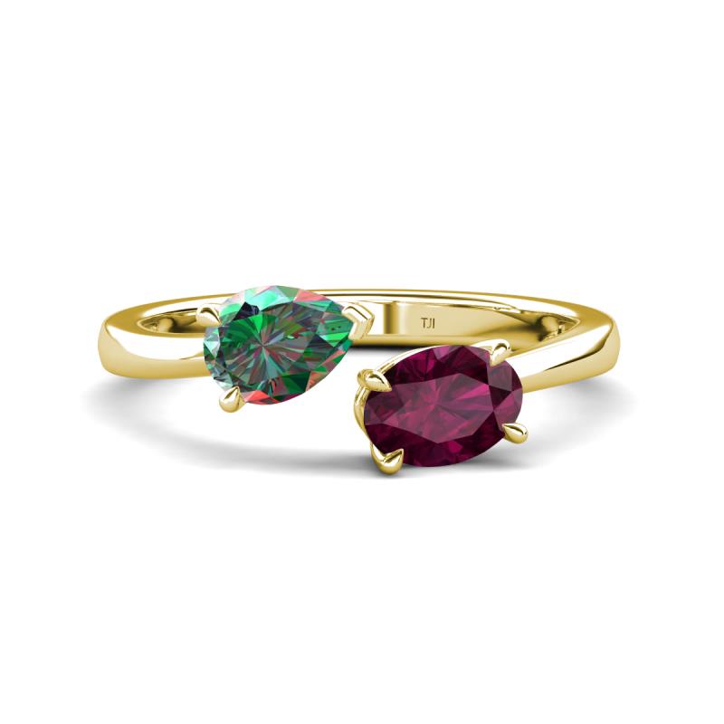 Afra 1.86 ctw Lab Created Alexandrite Pear Shape (7x5 mm) & Rhodolite Garnet Oval Shape (7x5 mm) Toi Et Moi Engagement Ring 