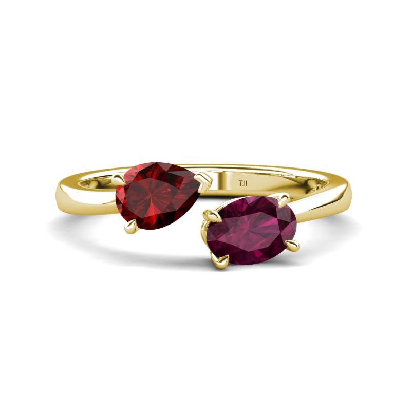 Afra 1.90 ctw Red Garnet Pear Shape (7x5 mm) & Rhodolite Garnet Oval Shape (7x5 mm) Toi Et Moi Engagement Ring 