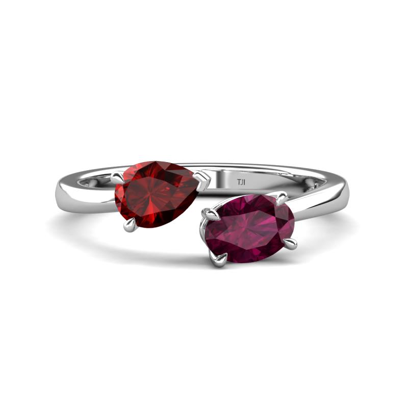 Afra 1.90 ctw Red Garnet Pear Shape (7x5 mm) & Rhodolite Garnet Oval Shape (7x5 mm) Toi Et Moi Engagement Ring 