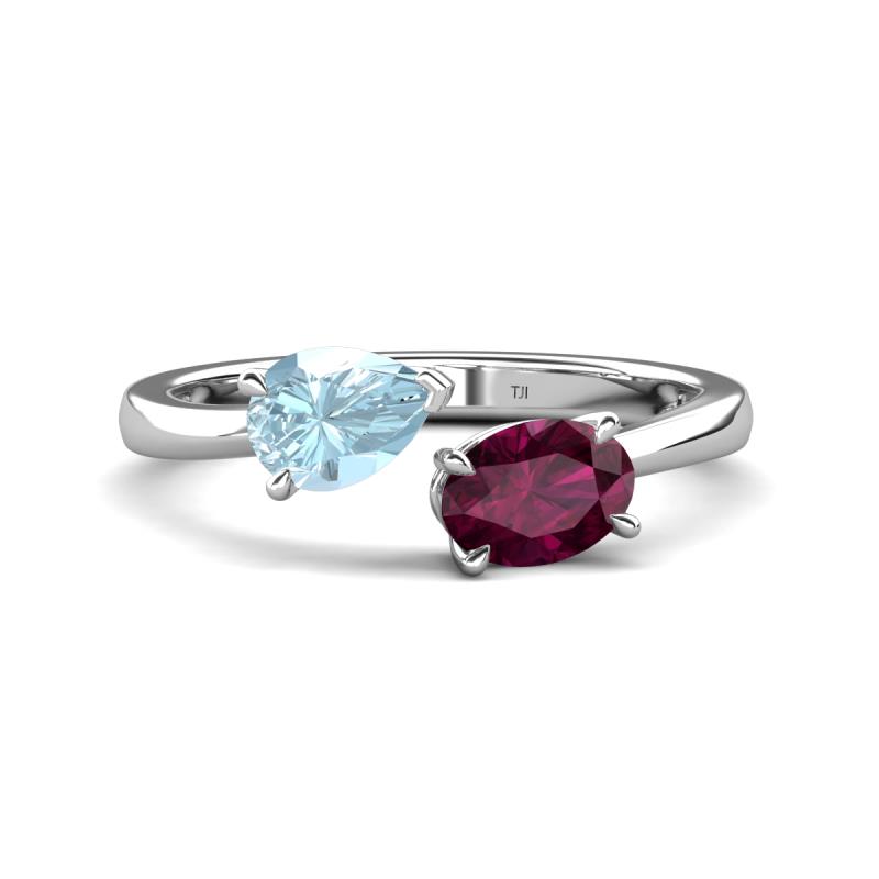 Afra 1.60 ctw Aquamarine Pear Shape (7x5 mm) & Rhodolite Garnet Oval Shape (7x5 mm) Toi Et Moi Engagement Ring 