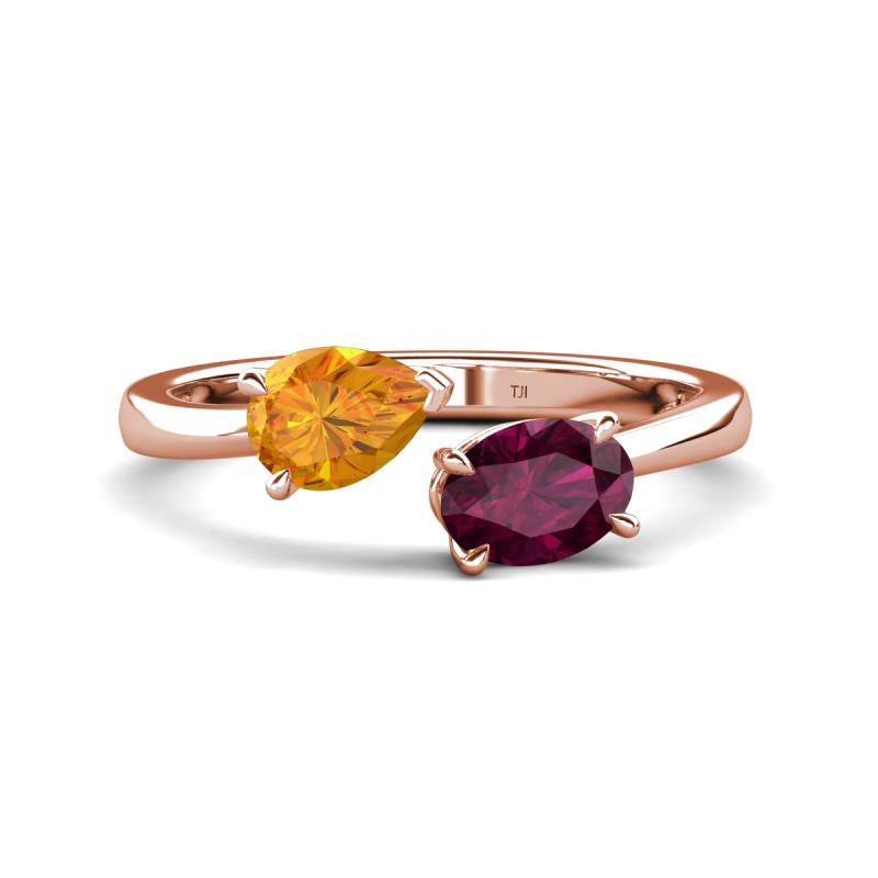 Afra 1.65 ctw Citrine Pear Shape (7x5 mm) & Rhodolite Garnet Oval Shape (7x5 mm) Toi Et Moi Engagement Ring 