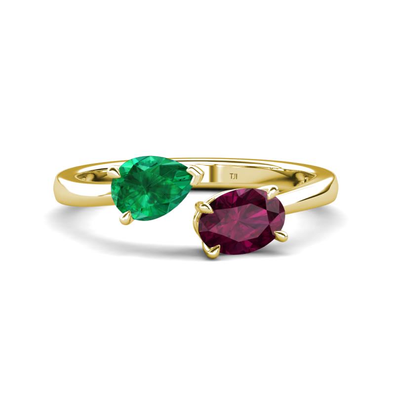 Afra 1.80 ctw Emerald Pear Shape (7x5 mm) & Rhodolite Garnet Oval Shape (7x5 mm) Toi Et Moi Engagement Ring 