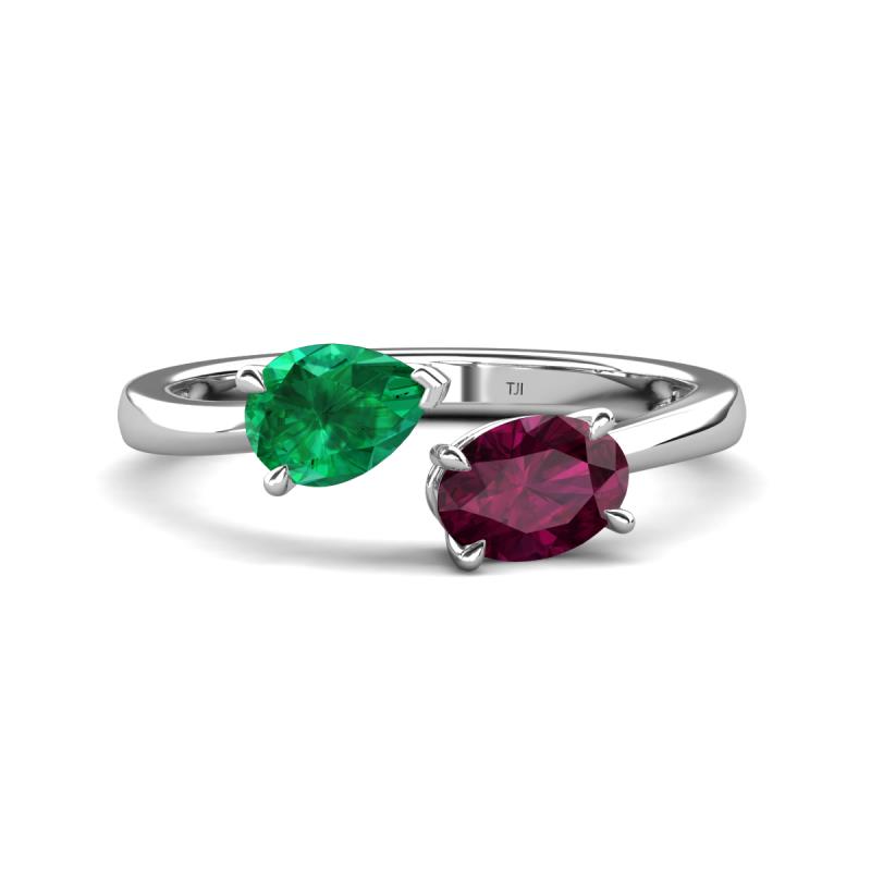 Afra 1.80 ctw Emerald Pear Shape (7x5 mm) & Rhodolite Garnet Oval Shape (7x5 mm) Toi Et Moi Engagement Ring 