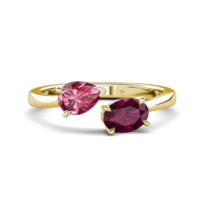 Afra 1.70 ctw Pink Tourmaline Pear Shape (7x5 mm) & Rhodolite Garnet Oval Shape (7x5 mm) Toi Et Moi Engagement Ring 