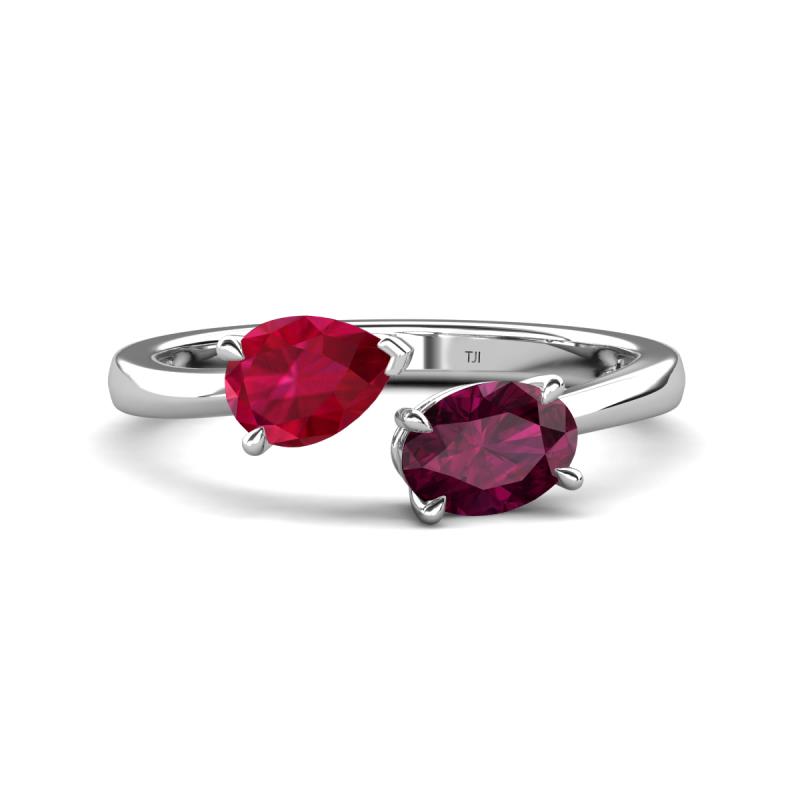 Afra 1.95 ctw Ruby Pear Shape (7x5 mm) & Rhodolite Garnet Oval Shape (7x5 mm) Toi Et Moi Engagement Ring 