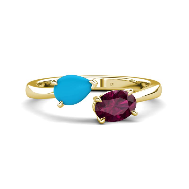 Afra 1.35 ctw Turquoise Pear Shape (7x5 mm) & Rhodolite Garnet Oval Shape (7x5 mm) Toi Et Moi Engagement Ring 