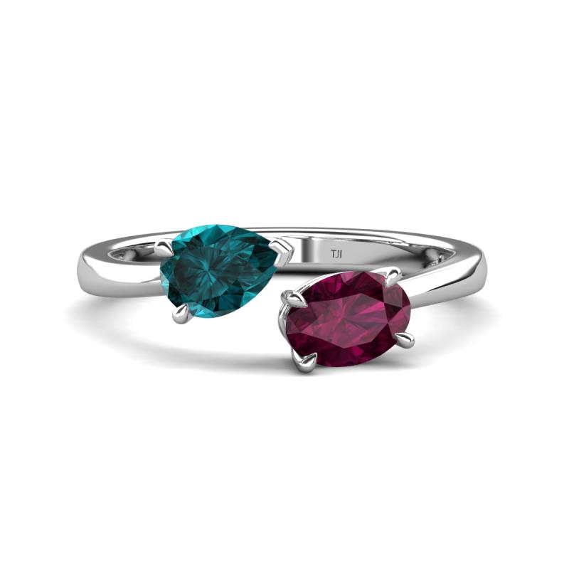 Afra 1.85 ctw London Blue Topaz Pear Shape (7x5 mm) & Rhodolite Garnet Oval Shape (7x5 mm) Toi Et Moi Engagement Ring 