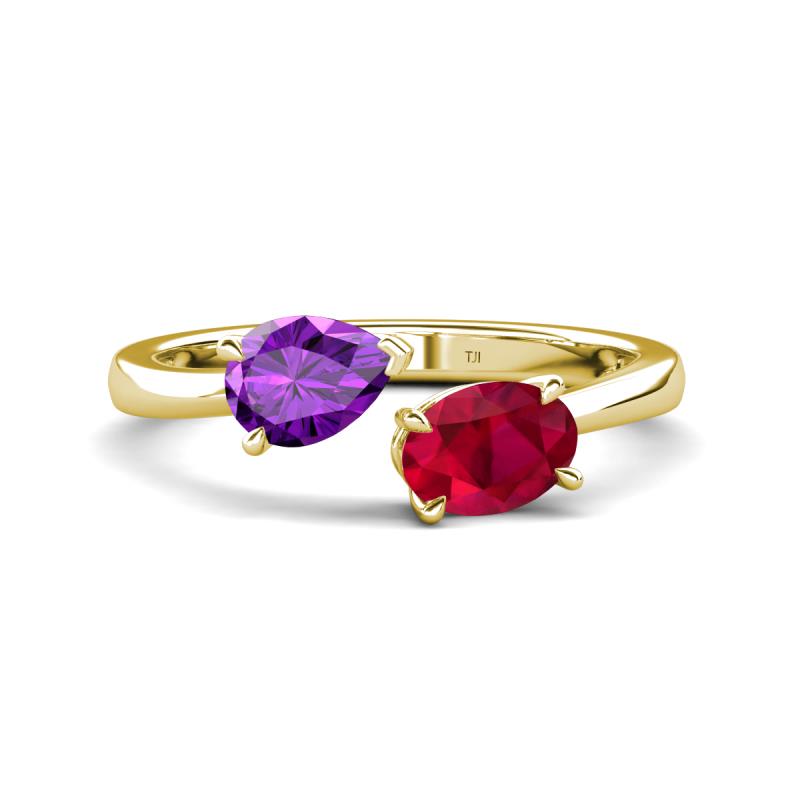 Afra 1.55 ctw Amethyst Pear Shape (7x5 mm) & Ruby Oval Shape (7x5 mm) Toi Et Moi Engagement Ring 