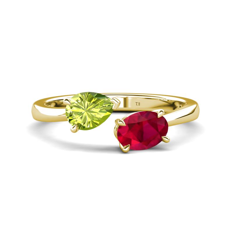 Afra 1.70 ctw Peridot Pear Shape (7x5 mm) & Ruby Oval Shape (7x5 mm) Toi Et Moi Engagement Ring 