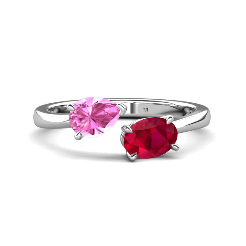 Afra 1.80 ctw Pink Sapphire Pear Shape (7x5 mm) & Ruby Oval Shape (7x5 mm) Toi Et Moi Engagement Ring 