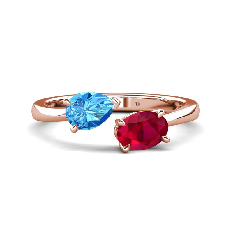 Afra 1.75 ctw Blue Topaz Pear Shape (7x5 mm) & Ruby Oval Shape (7x5 mm) Toi Et Moi Engagement Ring 
