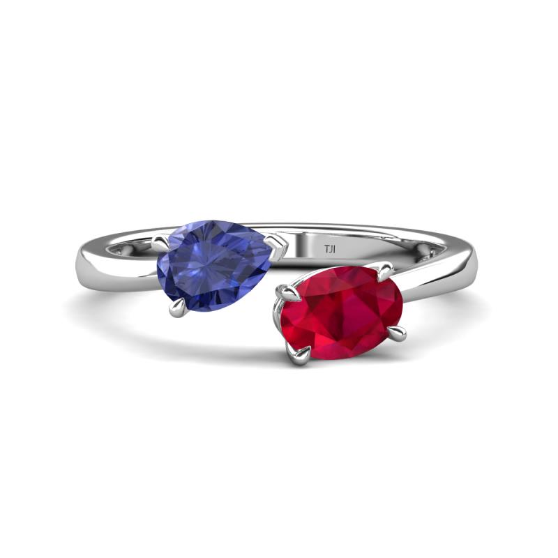 Afra 1.50 ctw Iolite Pear Shape (7x5 mm) & Ruby Oval Shape (7x5 mm) Toi Et Moi Engagement Ring 