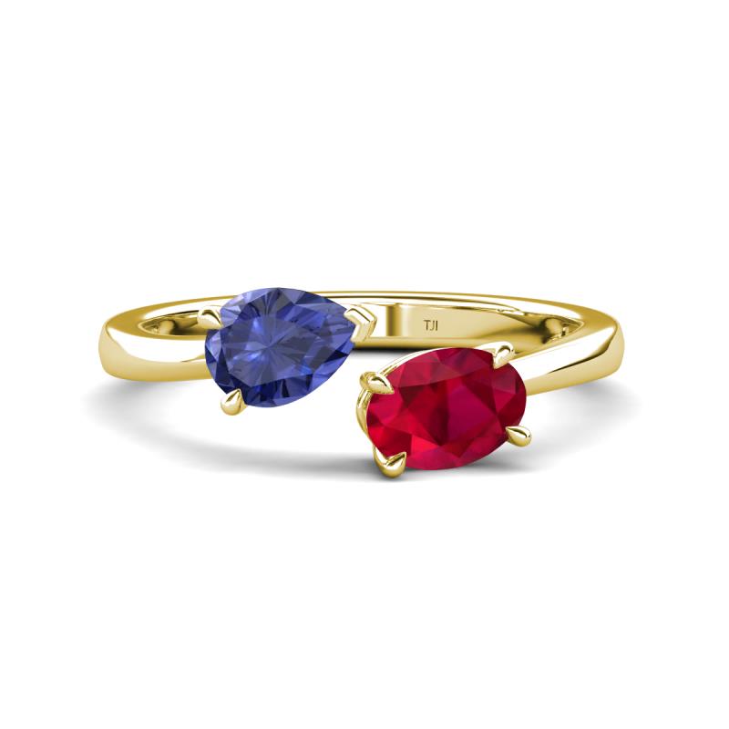 Afra 1.50 ctw Iolite Pear Shape (7x5 mm) & Ruby Oval Shape (7x5 mm) Toi Et Moi Engagement Ring 