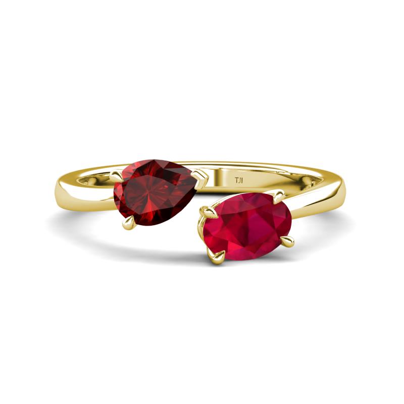 Afra 1.80 ctw Red Garnet Pear Shape (7x5 mm) & Ruby Oval Shape (7x5 mm) Toi Et Moi Engagement Ring 