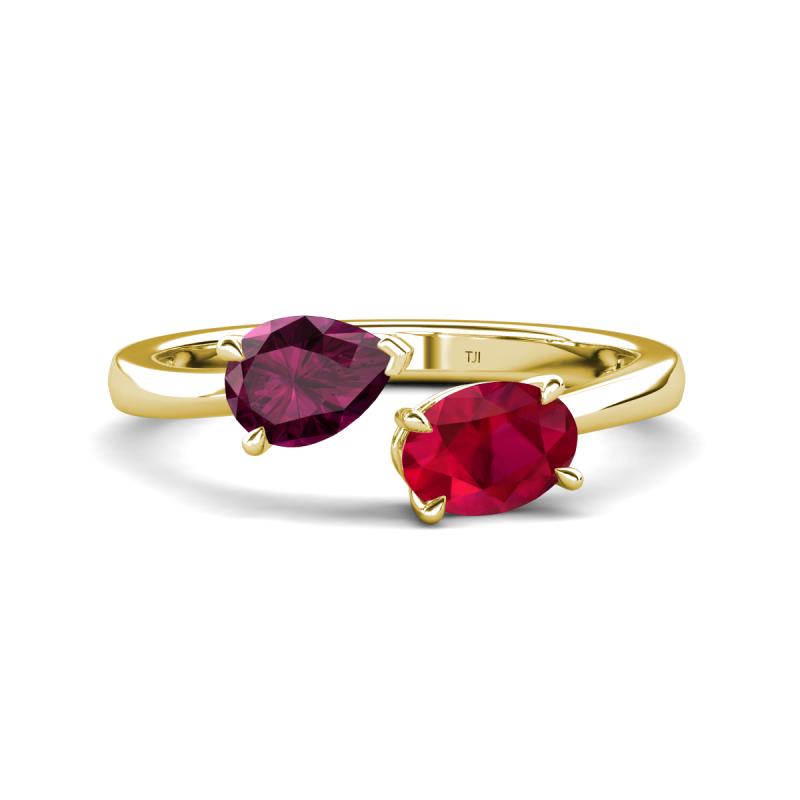 Afra 1.80 ctw Rhodolite Garnet Pear Shape (7x5 mm) & Ruby Oval Shape (7x5 mm) Toi Et Moi Engagement Ring 